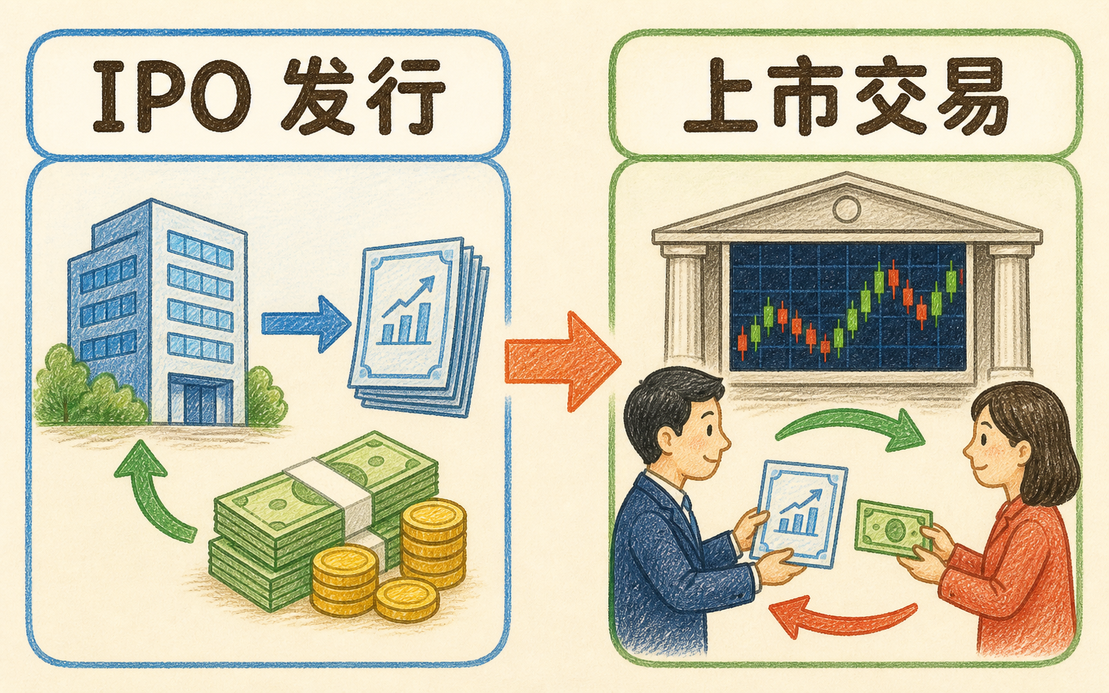 IPO 先完成发行，股票随后进入交易所买卖