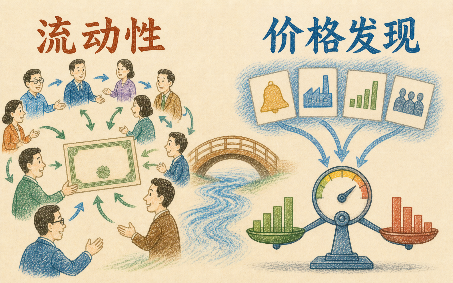 流动性让股票更容易成交，价格发现让新信息进入价格